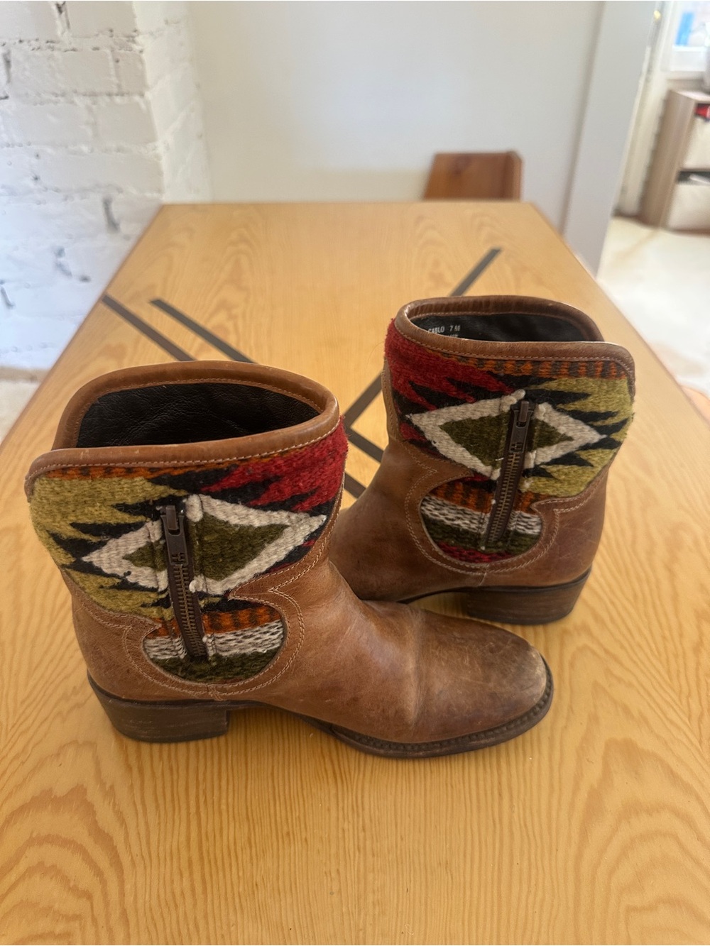 Freebird Cablo 7 Women's Brown Leather Ankle Boots w/ Multicolor Aztec Knit Cuff